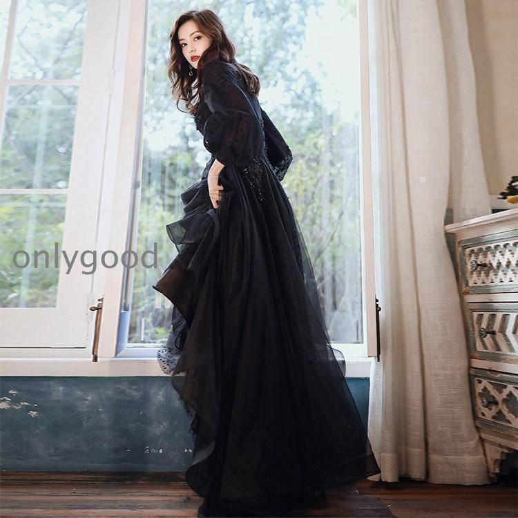 イブニングドレス ロングドレス 黒 パフスリーブ 長袖 発表会ドレス ブラック キラキラ スパンコール 花柄 ビーズ キレイめ パーティードレ NEXPOTALLINN_EU