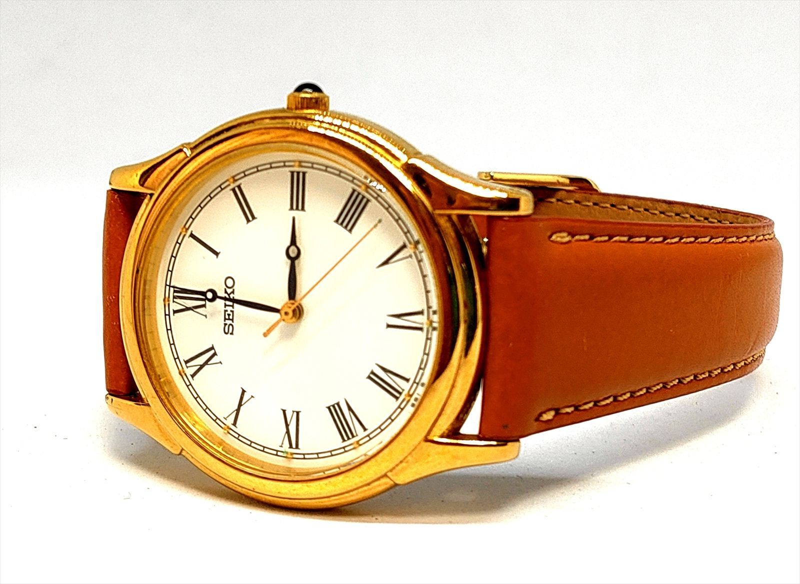 稼働品】SEIKO セイコー V701-1920 クォーツ ゴールド 腕時計 レザー 