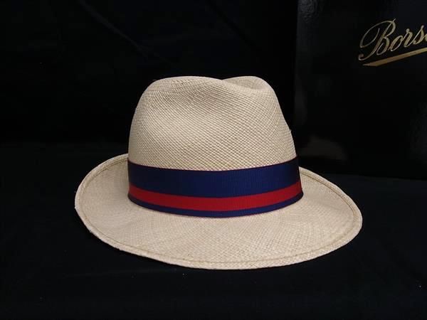 BORSALINO ボルサリーノ 天然草100％ 麦わら帽子 ストローハット 帽子 サイズ 58 ライトベージュ系×ブルー系 FL9514
