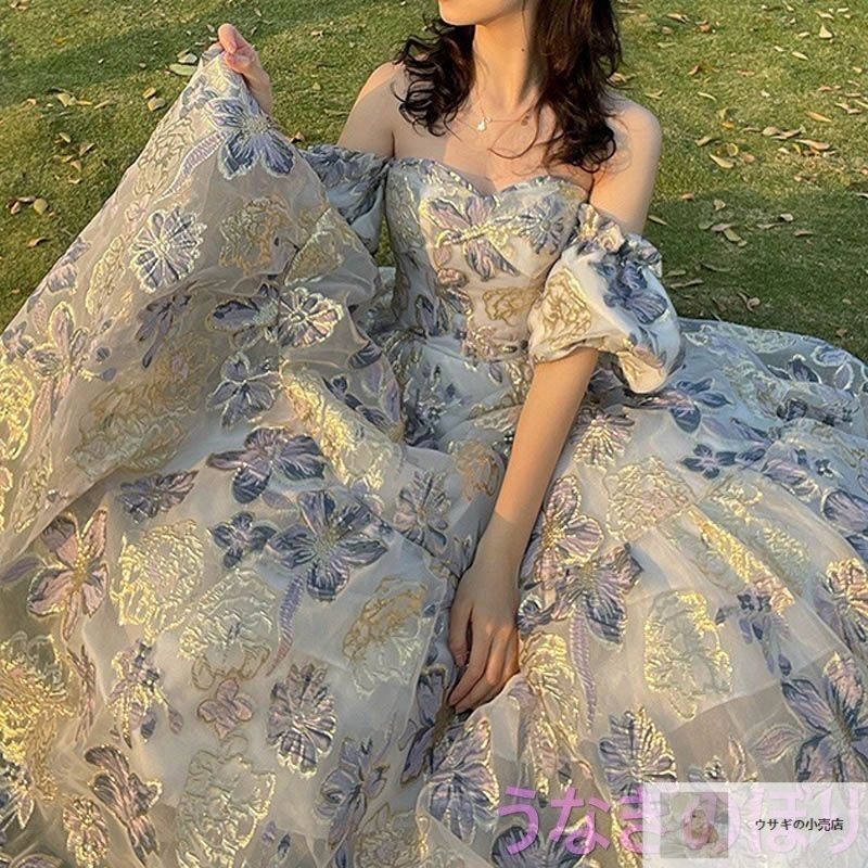 カラードレス 編み上げ ブルー ベルスリーブ ロングドレス 結婚式 二次会 発表会 演奏会 ウェディングドレス ウエディングドレス 花嫁 前撮り プリンセスドレス 花柄 きらきら 0882