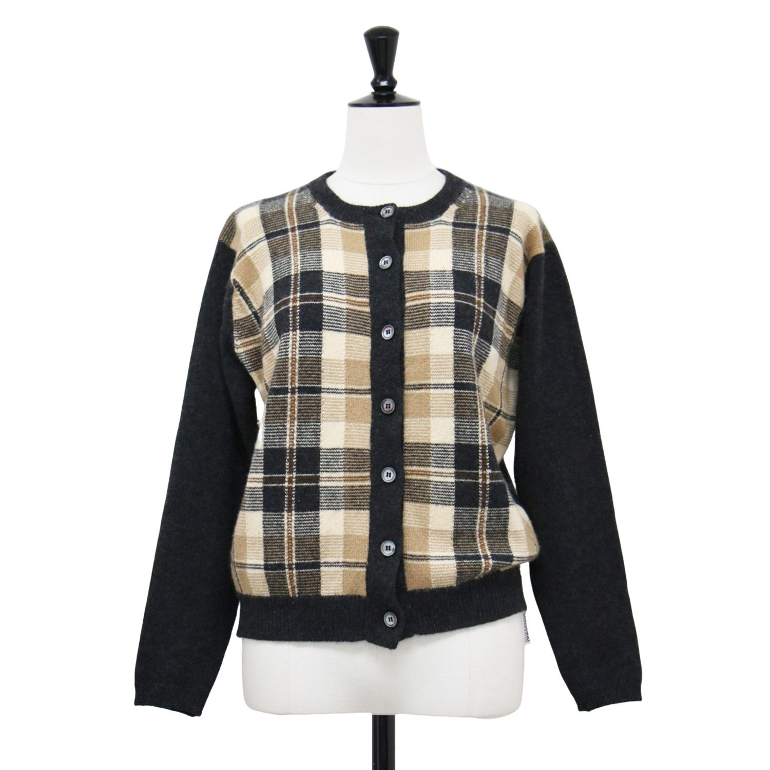 CORGI コーギ カーディガン グレー×ベージュ系 サイズ 36 S チェック ニット カーディガン クルーネック 長袖 切替 ボタン カシミヤ イギリス製 トップス セーター レディース