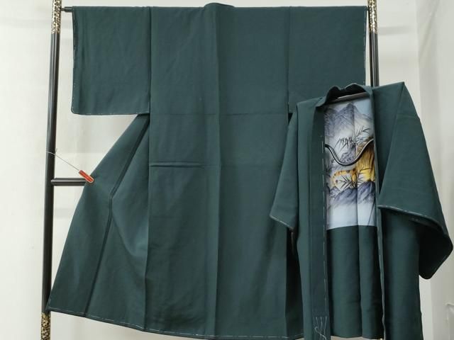 平和屋着物●男性 紬 アンサンブル 色無地 黒緑色 正絹 ♥ CAAW7730yc