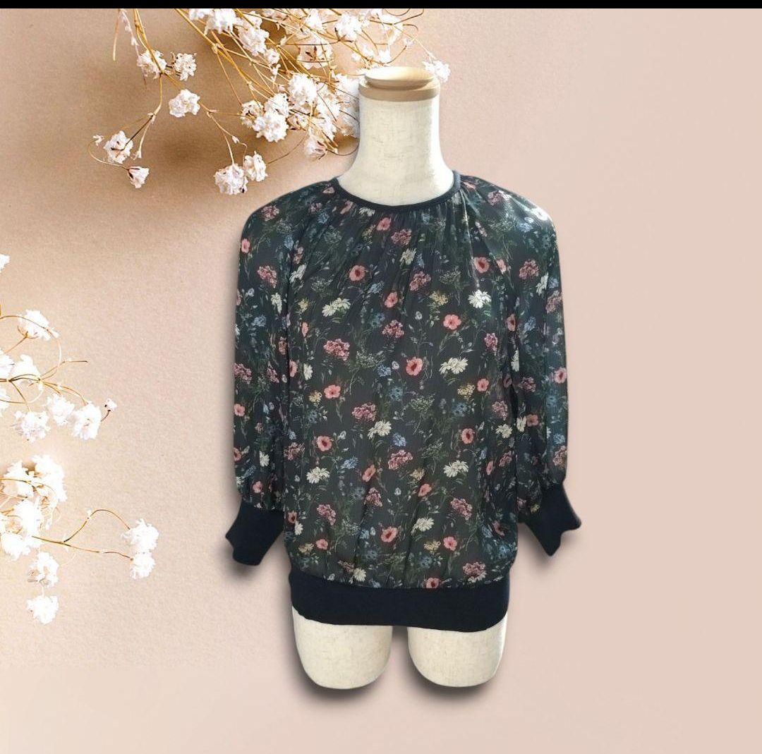 美品】ANAYI シフォンプリントギャザーブラウス 38 ANAYI アナイ 