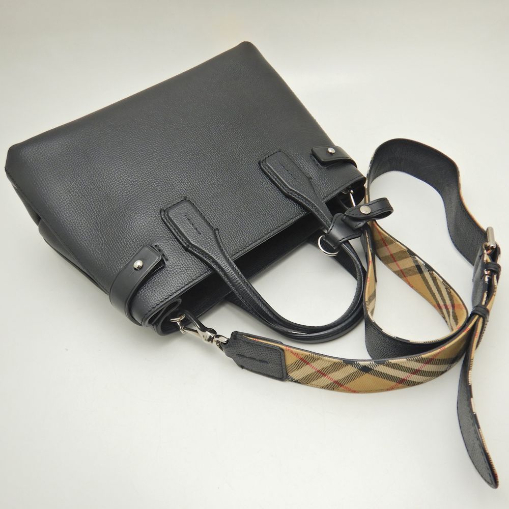 BURBERRY ブラックレザー ハンドバッグ　バナー　スモール BURBERRY バーバリー スモールバナーバッグ カーフ キャンバス