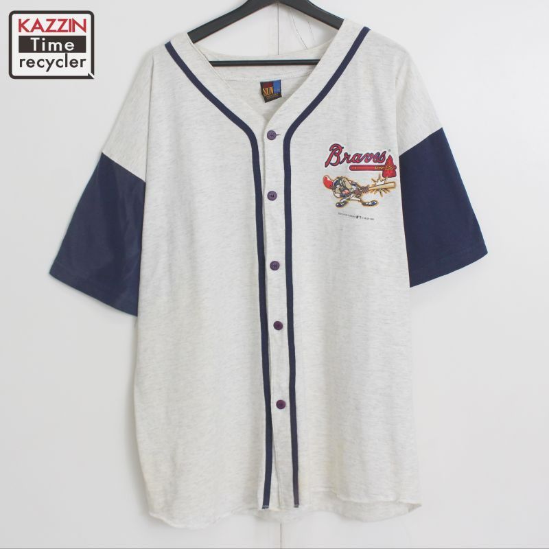 90s USA製 MLB vintage SUN タズマニアン・デビル Tasmanian Devil アトランタ・ブレーブス 2トーン ベースボールシャツ メンズ 表記XLサイズ