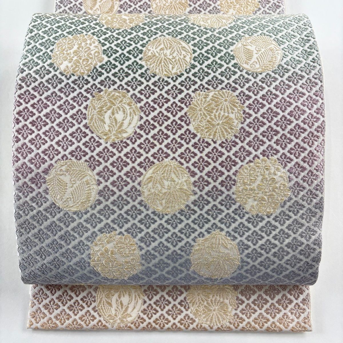 袋帯 名品 花丸文 花菱 唐織 金糸 薄紫 六通 正絹