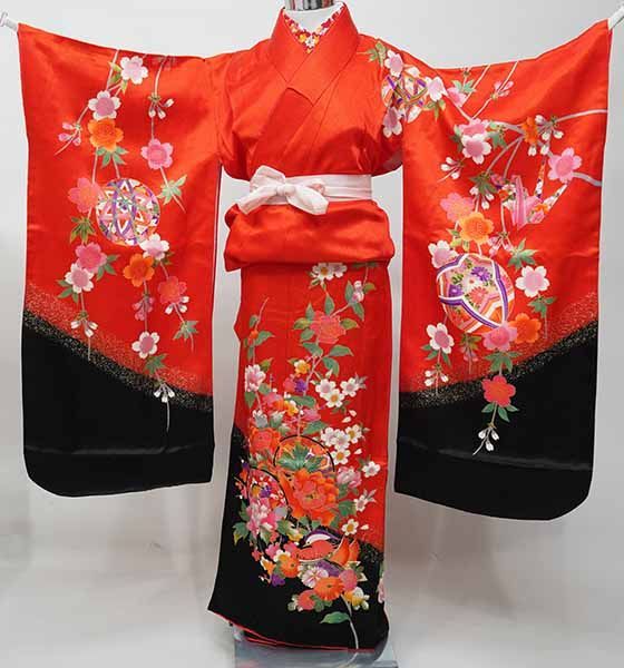 七歳 7歳 7才 七才 女児 着物と長襦袢セット 仕立て上がり 朱色