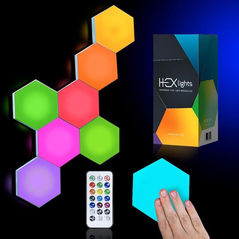Emberela HEXlights 7-Pack ヘクサゴンライト タッチとリモートコントロールされたRGB壁パネル ヘクサゴンLEDライトパネル - 生活室 寝室 ゲームルームデコレーション - タブルトップ用スタンドを含む 0