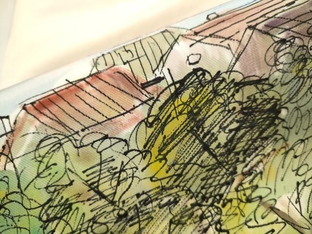 平和屋着物○塩瀬 九寸名古屋帯 手描き 風景草木文 正絹 逸品 CAAX7232hy