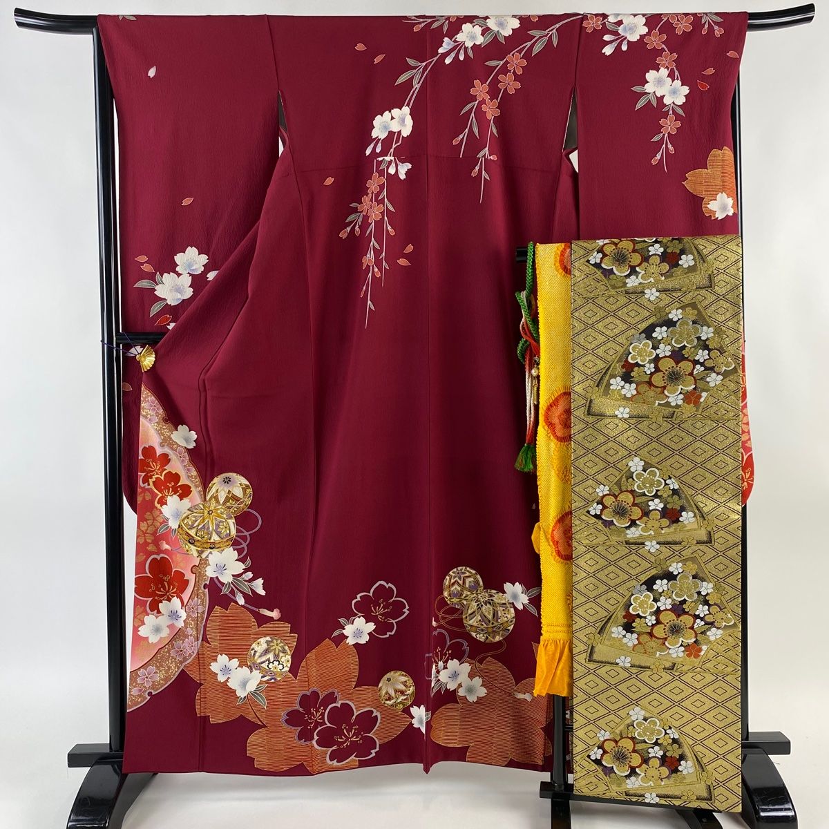 振袖 身丈161.5cm 裄丈65.5cm M 袷 袋帯フルセット 手鞠 桜 金糸 金彩 