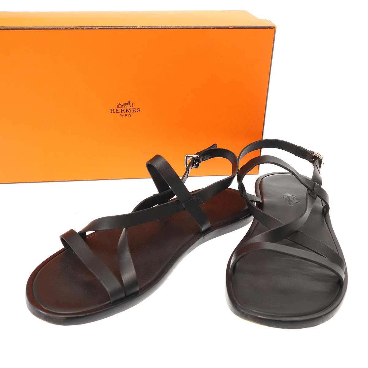 HERMES エルメス ストラップフラットレザーサンダル ブラック 41 