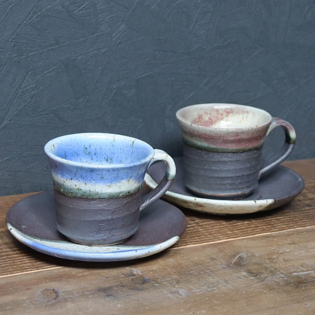 信楽焼 ペア コーヒーカップ＆ソーサー 2客セット 陶器 うずら 青 赤 珈琲碗皿ペア w507-01-02