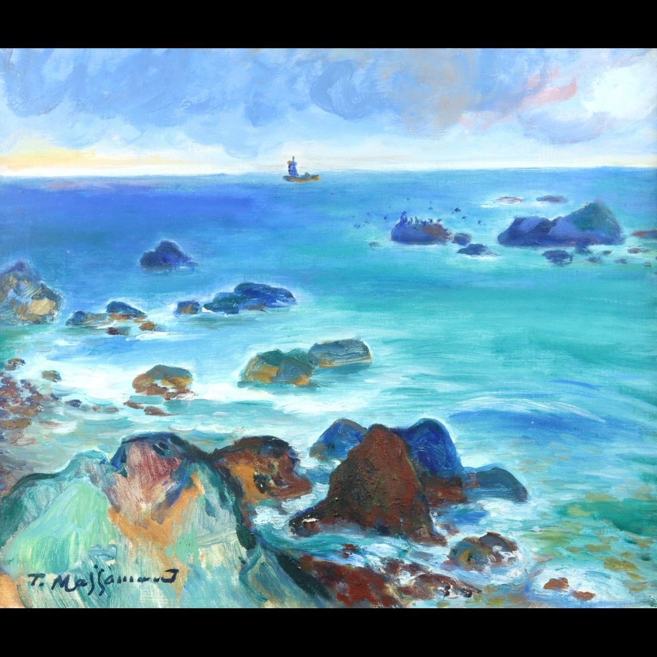 絵画「朝しずか」熱海 真作 F4 1984 油絵 油彩画 風景画 アート 絵画