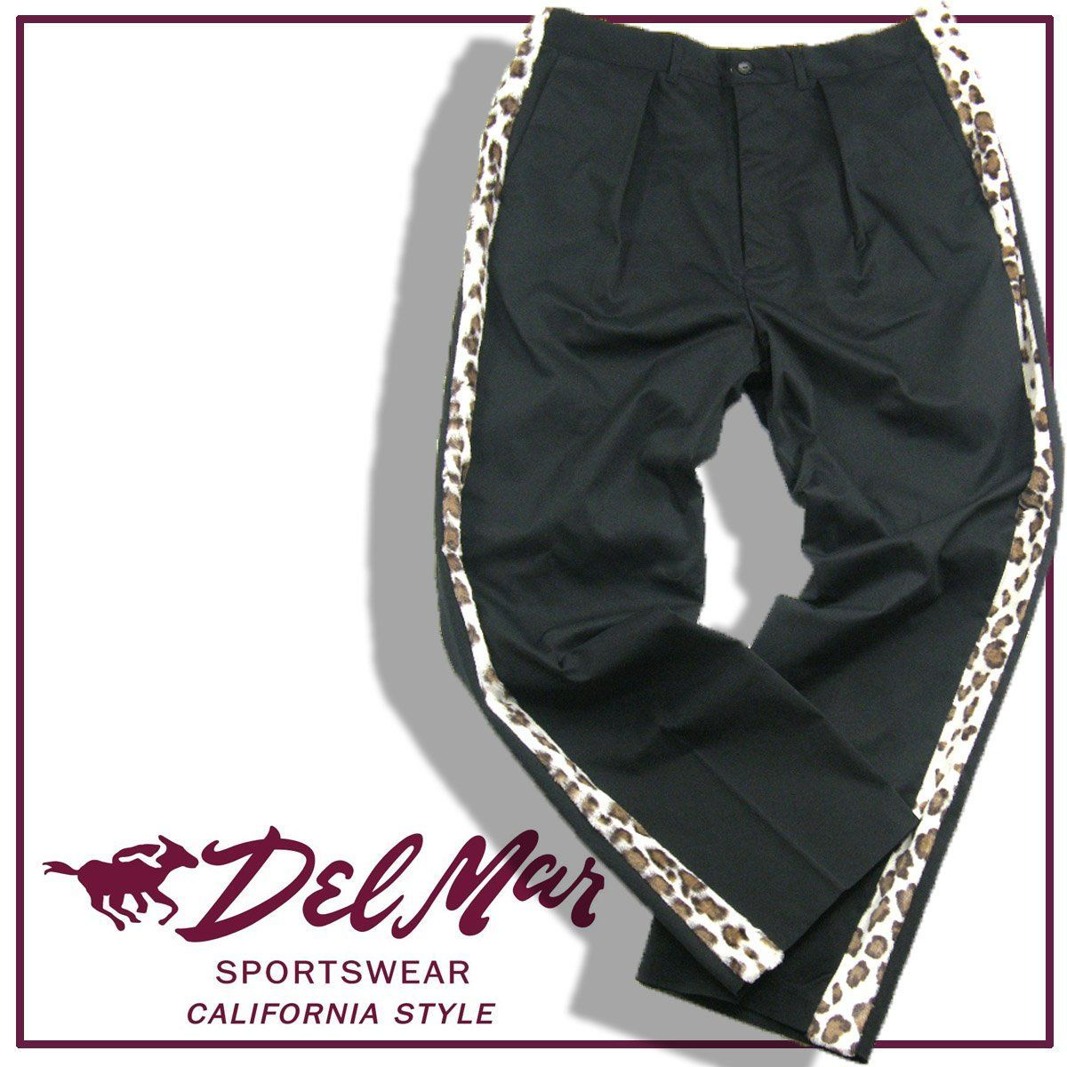 【新品】 DEL MAR sportswear / デルマースポーツウェアーレオパード パンツ サイドライン ワンタック チノパン ラインパンツ レオパード柄 ヒョウ柄 アニマル ブラック オールシーズン