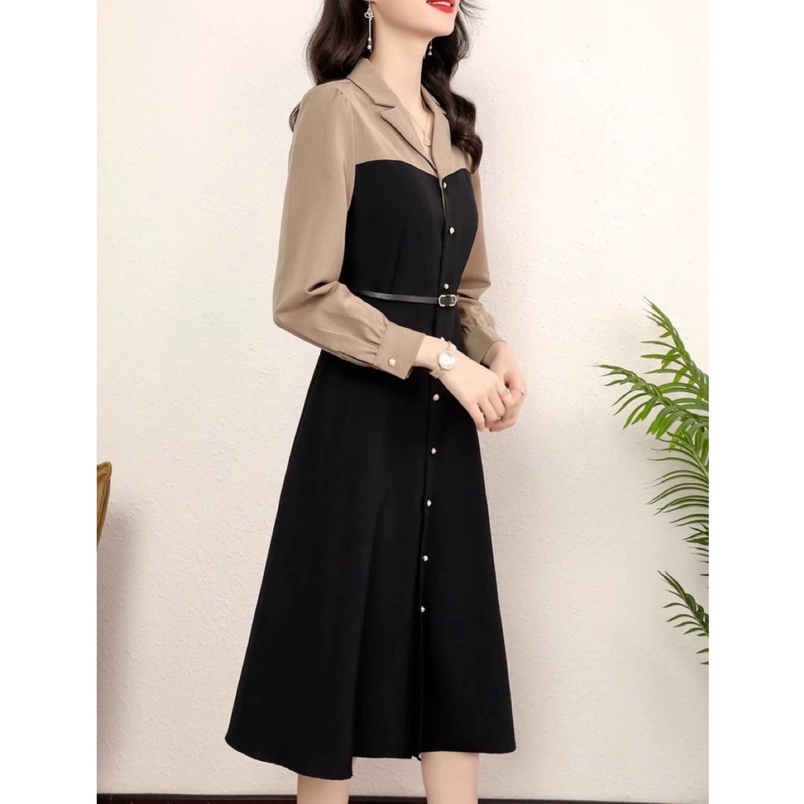 【韓国ファッション】ドレープワンピース プリーツ バイカラー FEKETE ワンピース BI-COLOR RIBBON PLEATS DRESS / バイカラー