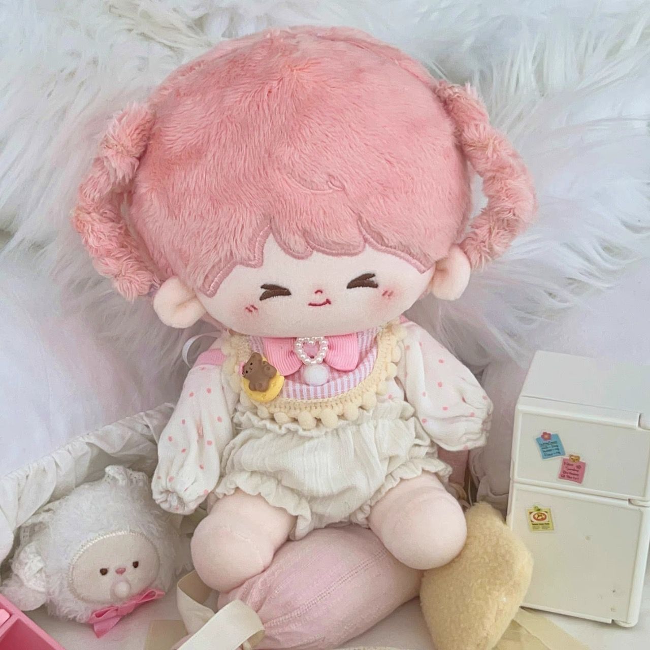 10cm】 ぬい服 かわいい ピンク チェック柄のスタイ 着ぐるみ服