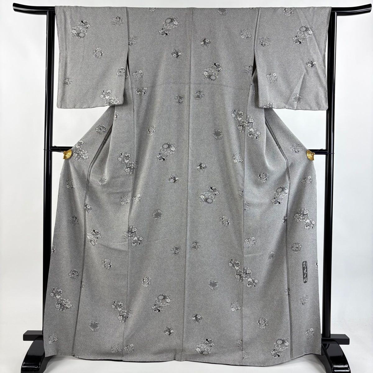 小紋 身丈169cm 裄丈64cm M 袷 霜鳥忍 落款 花丸文 灰緑 正絹 名品