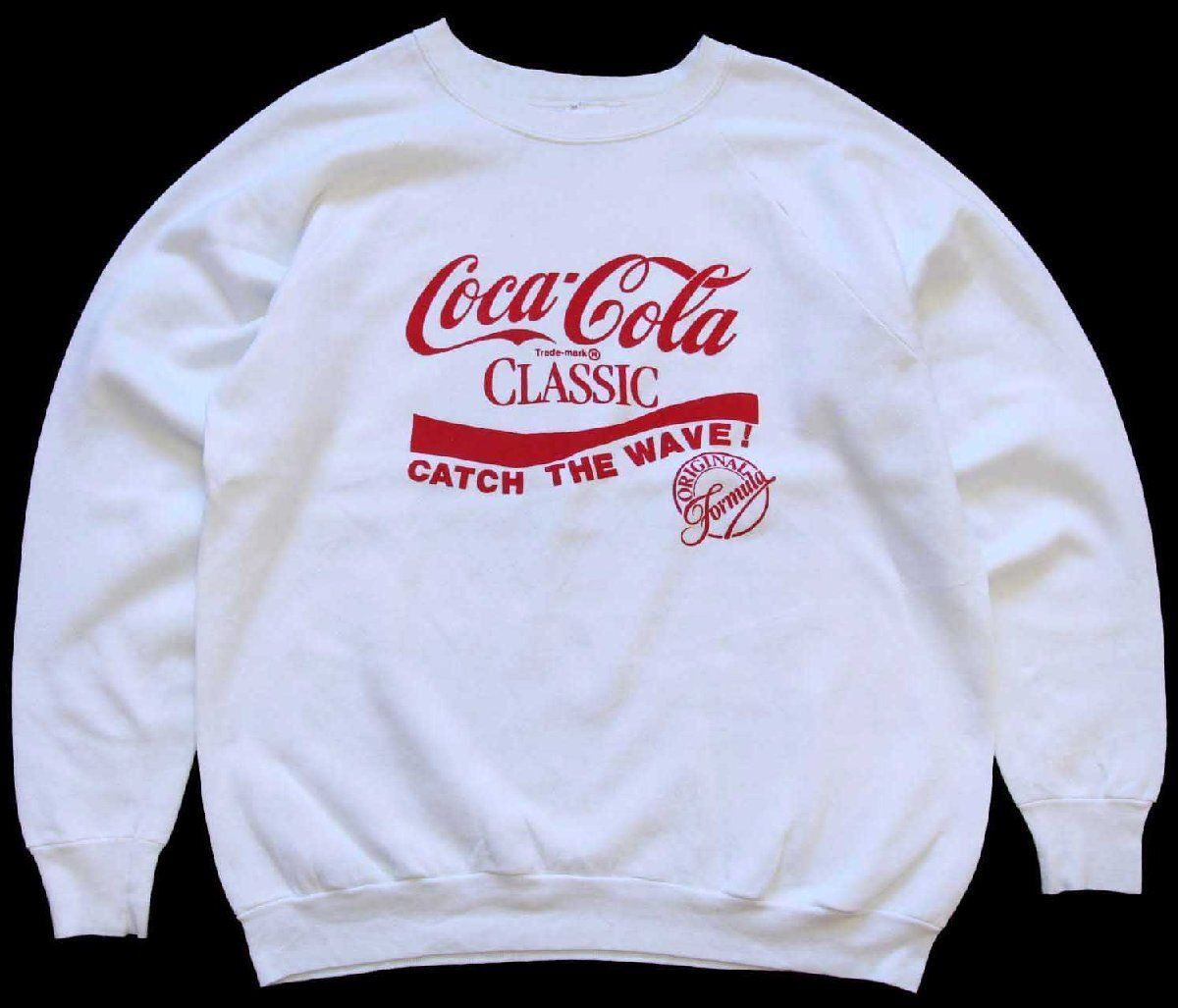 80s USA製 Coca-Colaコカコーラ ロゴ ひび割れプリント スウェット 白 XLビンテージ オールド ホワイト ラグラン オーバーサイズ