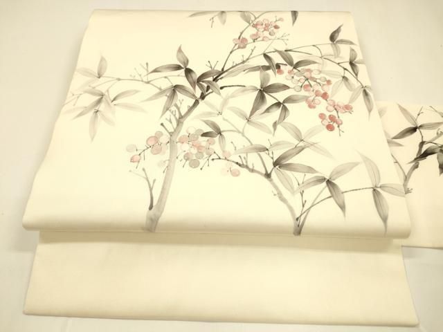 平和屋着物●塩瀬 九寸名古屋帯 作家物 手描き 南天枝葉文 正絹 DAAY8220cm