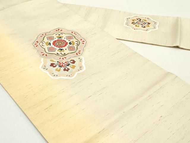平和屋着物●九寸名古屋帯 紬地 駒刺繍 正倉院更紗花文 金糸 正絹 DAAY0164ob