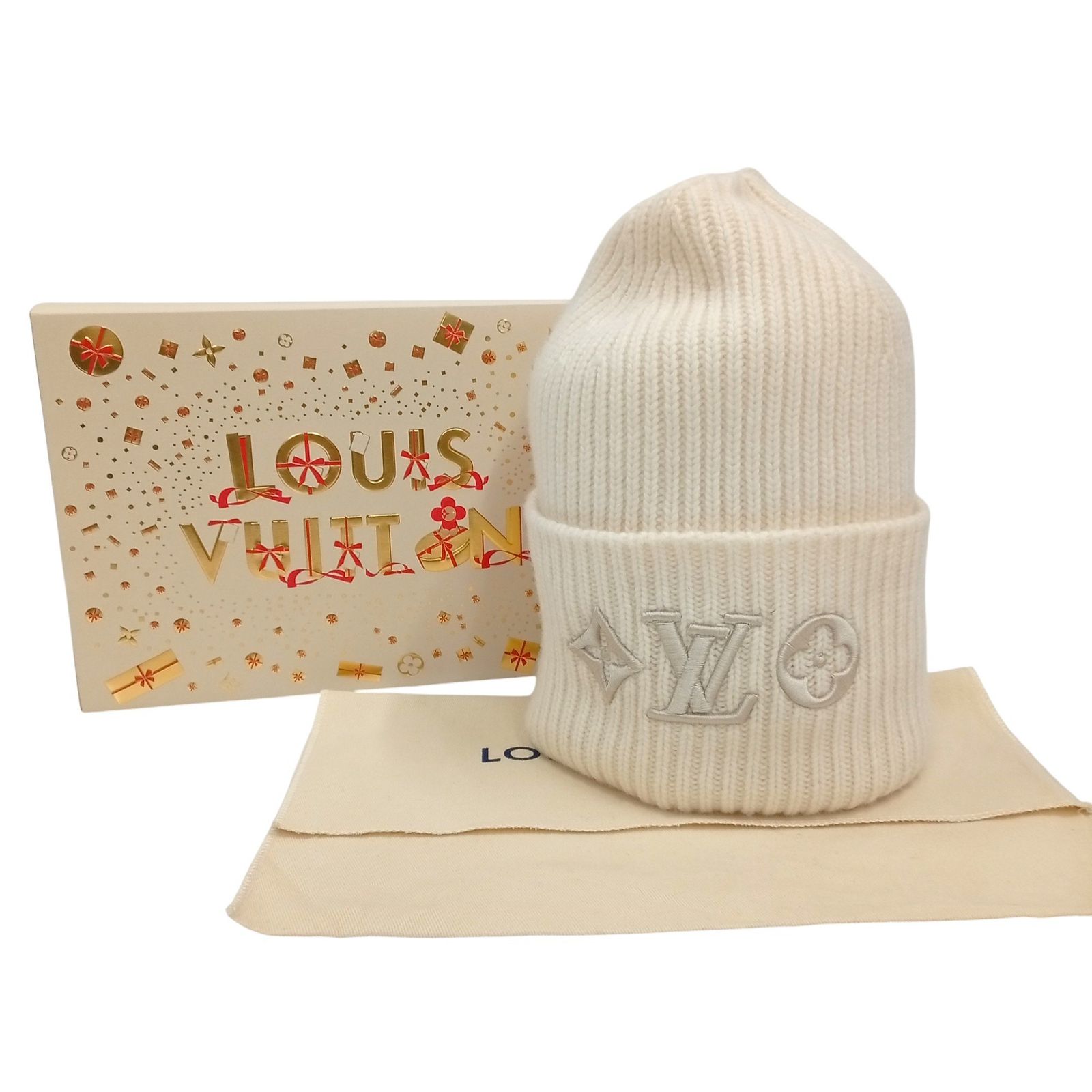 LOUIS VUITTON ルイヴィトン ウール100％ ビーニー LVヘッドライン ニットキャップ アイボリー M77873 ニット帽 JA-25012