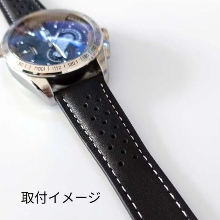 22mm レザー 革ベルト 穴あき ブラック×ホワイトステッチ 黒×白 【対応