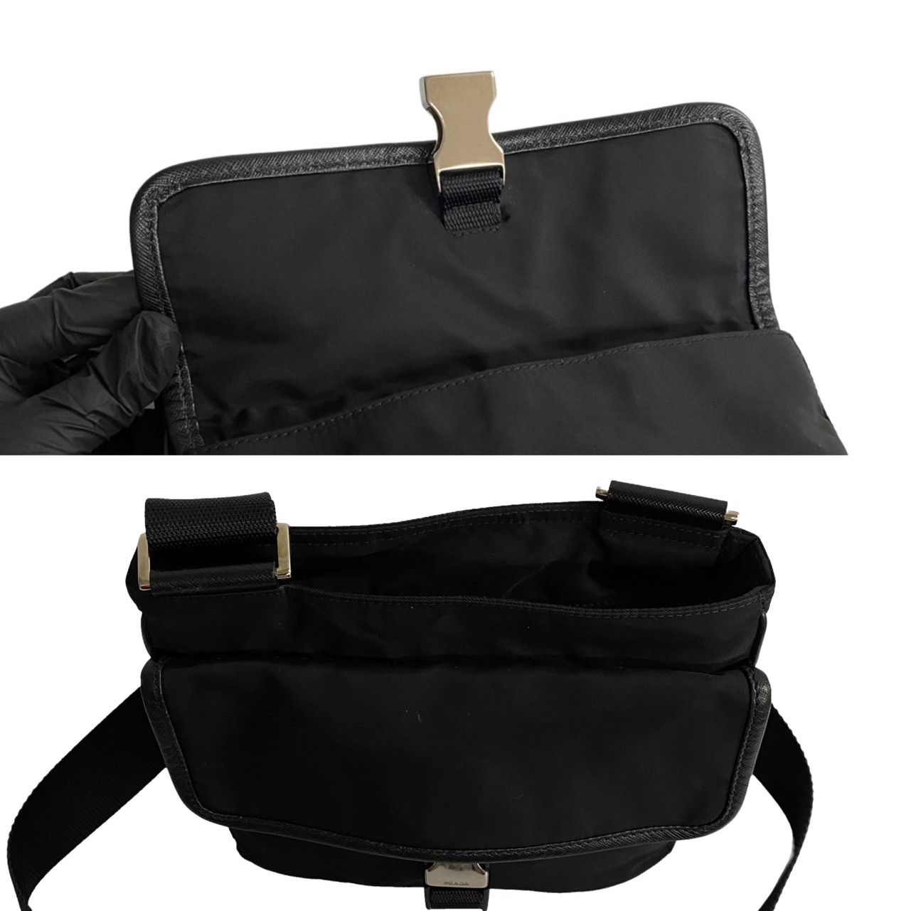 極 美品 保存袋付 PRADA プラダ 三角ロゴ 金具 ナイロン レザー ミニ ショルダーバッグ ポシェット サコッシュ ブラック 黒 32234