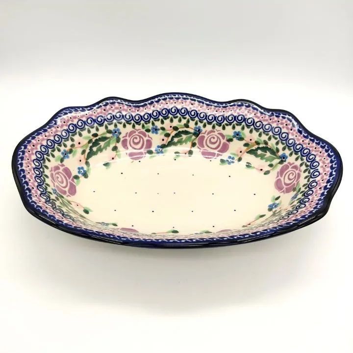 バスケット 楕円型のウェーブボウル 紫のバラ ポーランド食器  