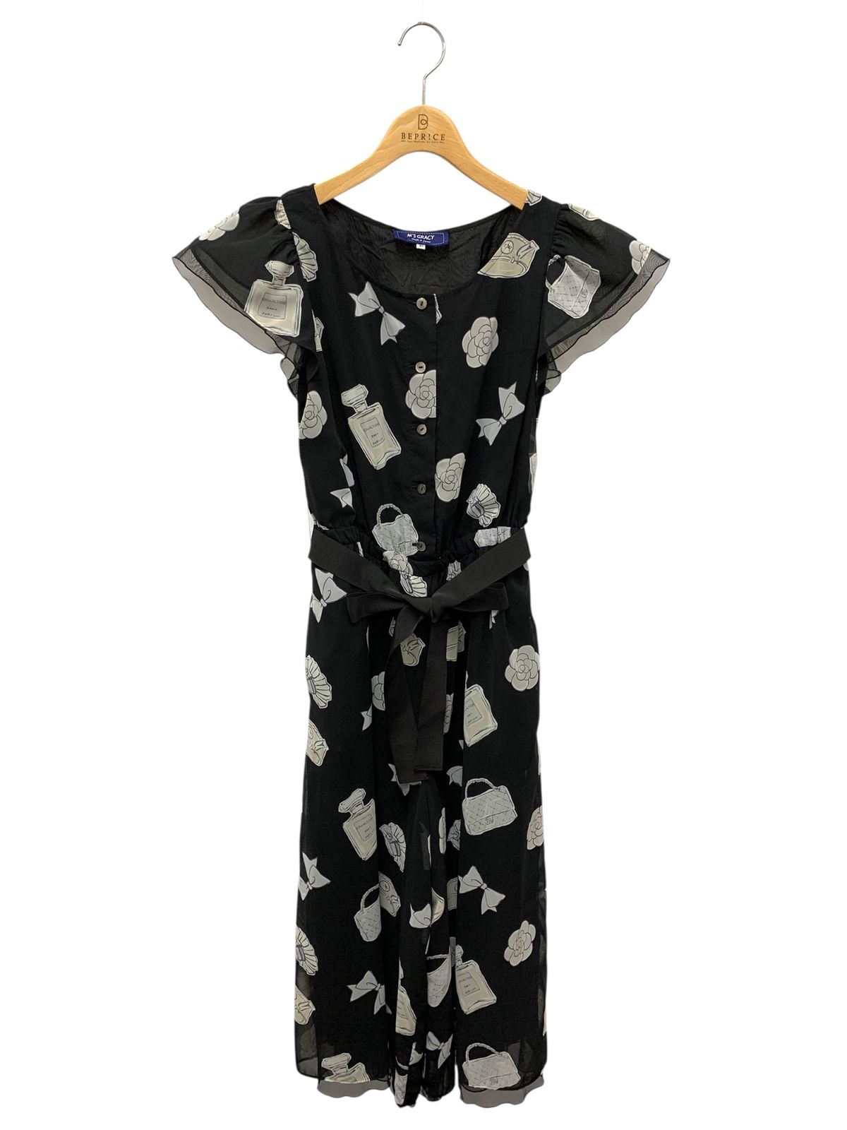 エムズグレイシー 111319 オールインワン 40 ブラック モチーフ柄 フロントボタン ITQ2JNRQSLIG