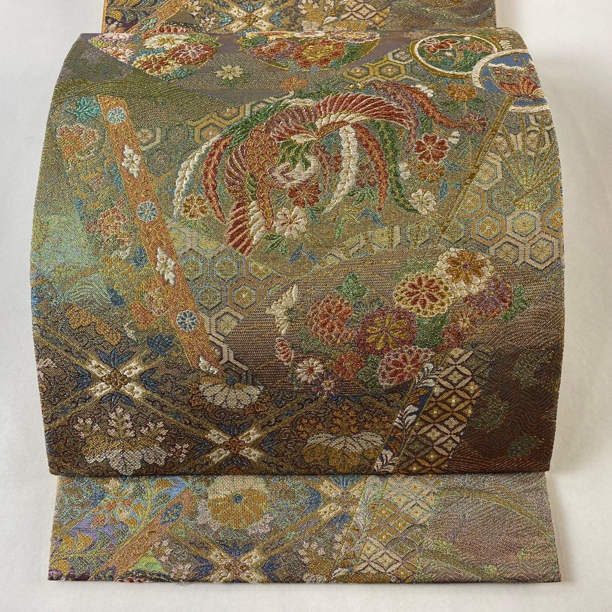 袋帯 逸品 陽文綴 鳳凰 草花 金糸 箔 薄緑 六通 正絹 【中古