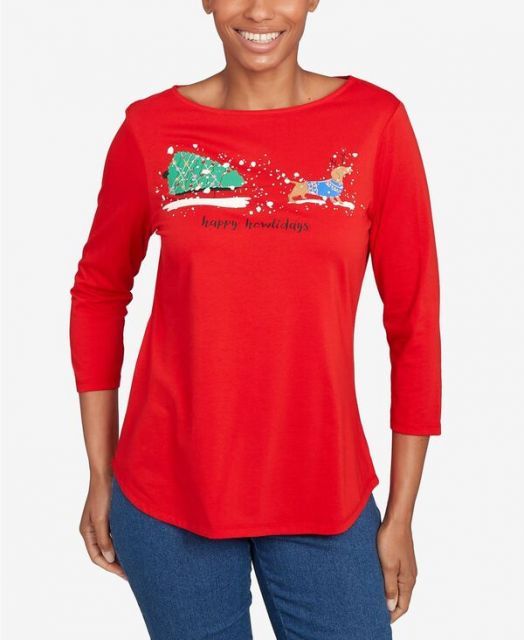 【送料無料】 ルビーアールディー レディース シャツ トップス Petite Happy Howlidays Knit Top Lipstick Multi