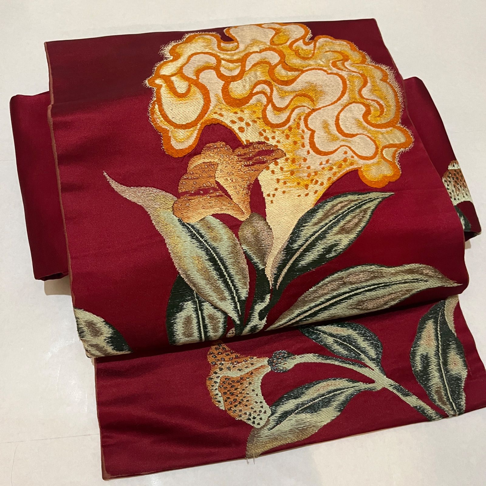 半額SALE★ 頼もしく アンティーク名古屋帯 ケイトウの花 刺繍ステッチ 鶏頭 着物・浴衣