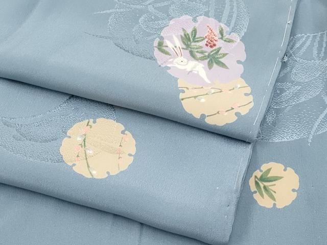 平和屋本店□上質な長襦袢 無双仕立て 雪輪兎草花文 湊鼠色地 逸品 未