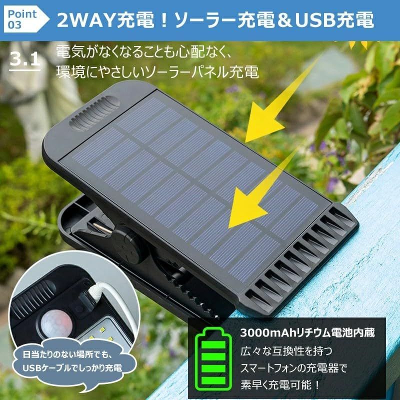 【特価商品】クリップ式 太陽光充電USB充電 ソーラー 3000mAh大容量電池 ガーデン 人感センサー 防水 クリップライト ledライト 人感 4モード搭載 おしゃれ 明るい ソーラーライト屋外 自動点灯 消灯 センサーライト 常夜灯 駐車場 壁 Saiv