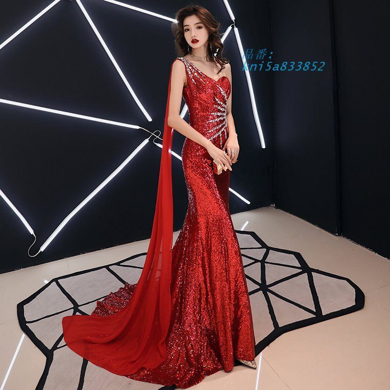 カラードレス ブルー ピンク レッド スパンマーメイドドレス ロングドレス イブニングドレス ファスナー パーティードレス フォーマル ワンショルダー kni5a833852