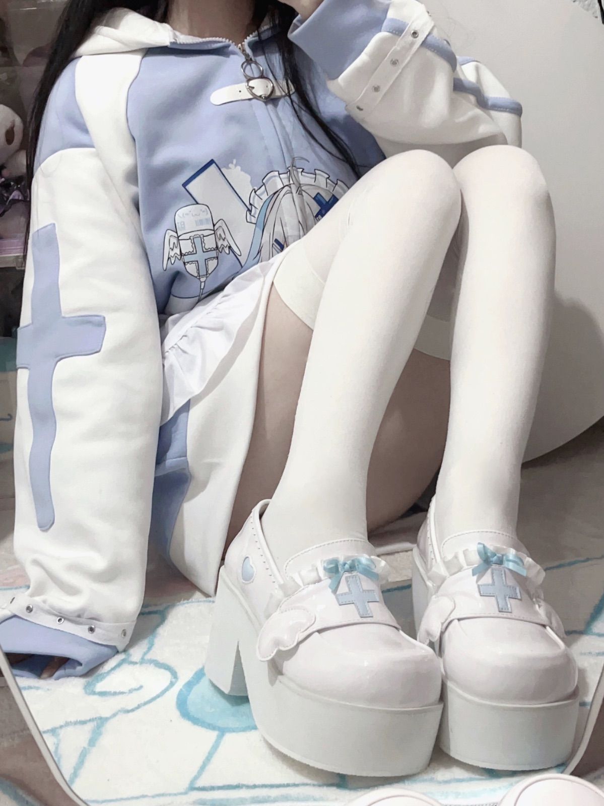天使界隈 厚底 ブーツ ロリータ スニーカー 水色 コスプレ サブカル 地雷 天使界隈 水色ロリータ 天使の羽 地雷系 靴 シューズ ローファー