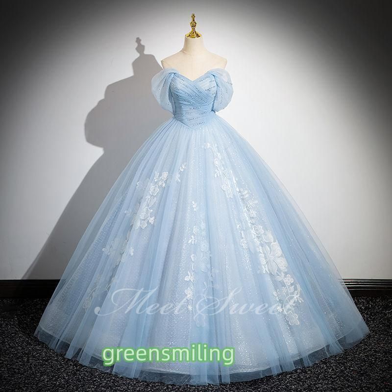 ドレス プリンセスライン ライトブルー 青 オフショルダー ロングドレス ウェディングドレス 結婚式 二次会 花嫁 前撮り