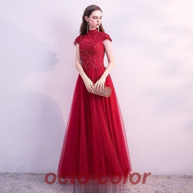 ロング丈ドレス 結婚式 二次会 お呼ばれ 立ち襟 ワイン ドレス パーティードレス キレイめ イブニングドレス 宴会 チュール