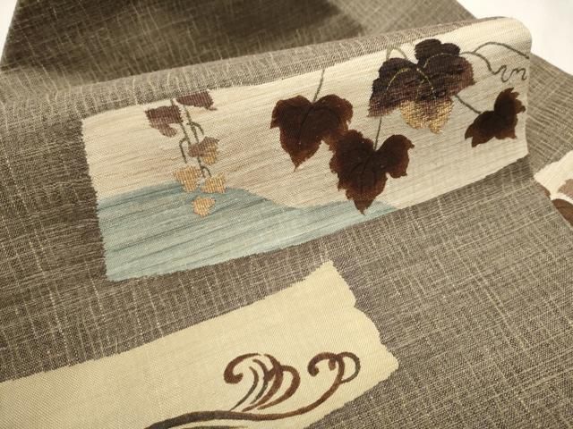 平和屋着物○九寸名古屋帯 紬地 柿渋染め 蔦の葉文 金糸 正絹 逸品  