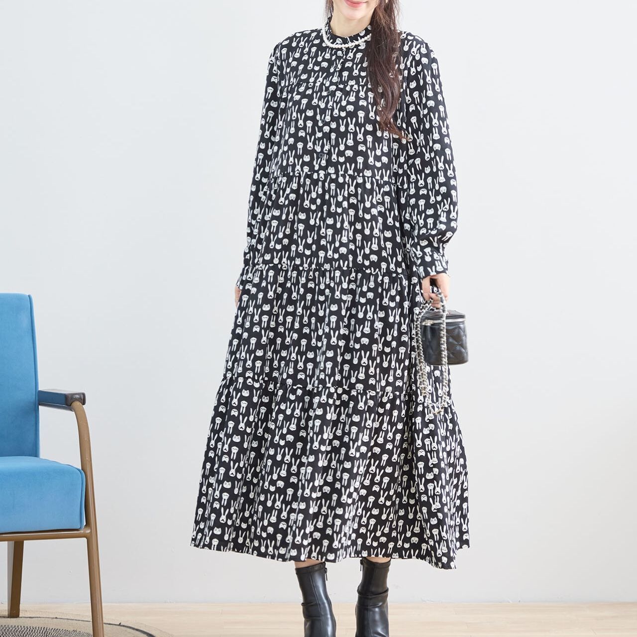reve bleu]ラビットパターンティアードワンピース ロングワンピース