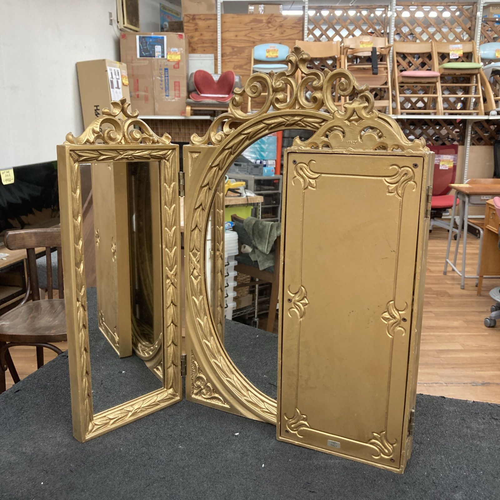 S368 輸入家具 イタリア製 アンティーク三面鏡 GOLD コンパクト 幅30-61cm NEXPOTALLINN_EU