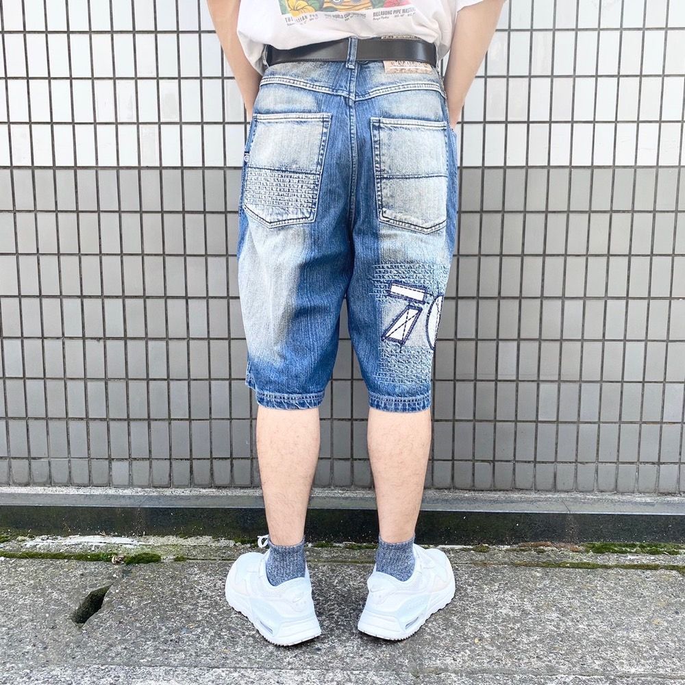 US古着 FOCUS JEANS デニム ショートパンツ ワイド ひざ下 刺繍
