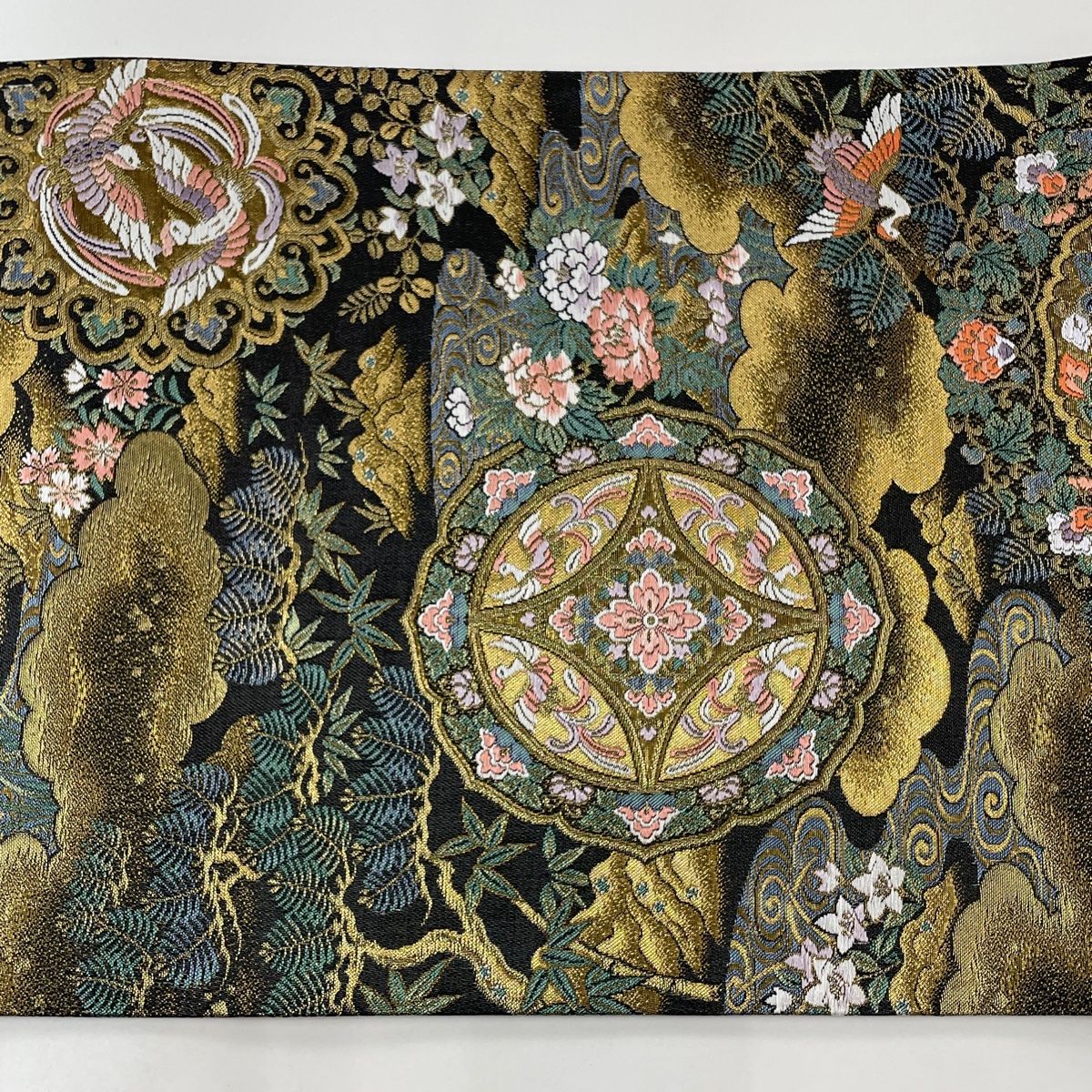袋帯 美品 秀品 花鳥 松竹梅 箔 金糸 黒 六通 正絹 【中古
