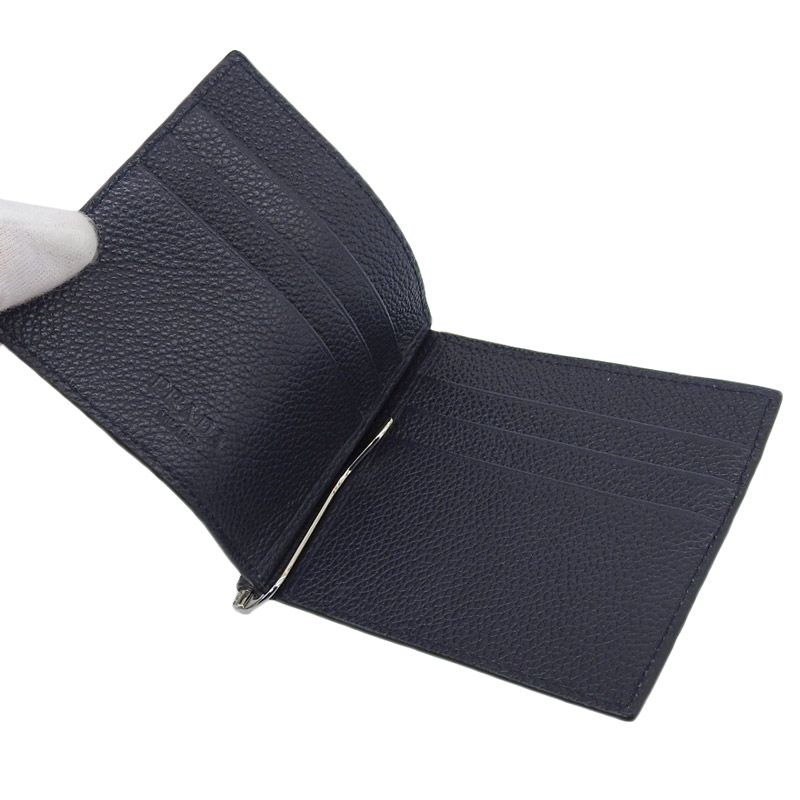 プラダ PRADA マネークリップ 二つ折り財布 カードケース ヴィッテロ レザー ネイビー 2MN077 中古 新入荷 OBB0615 プラダ PRADA マネークリップ 二つ折り財布 カードケース ヴィッテロ