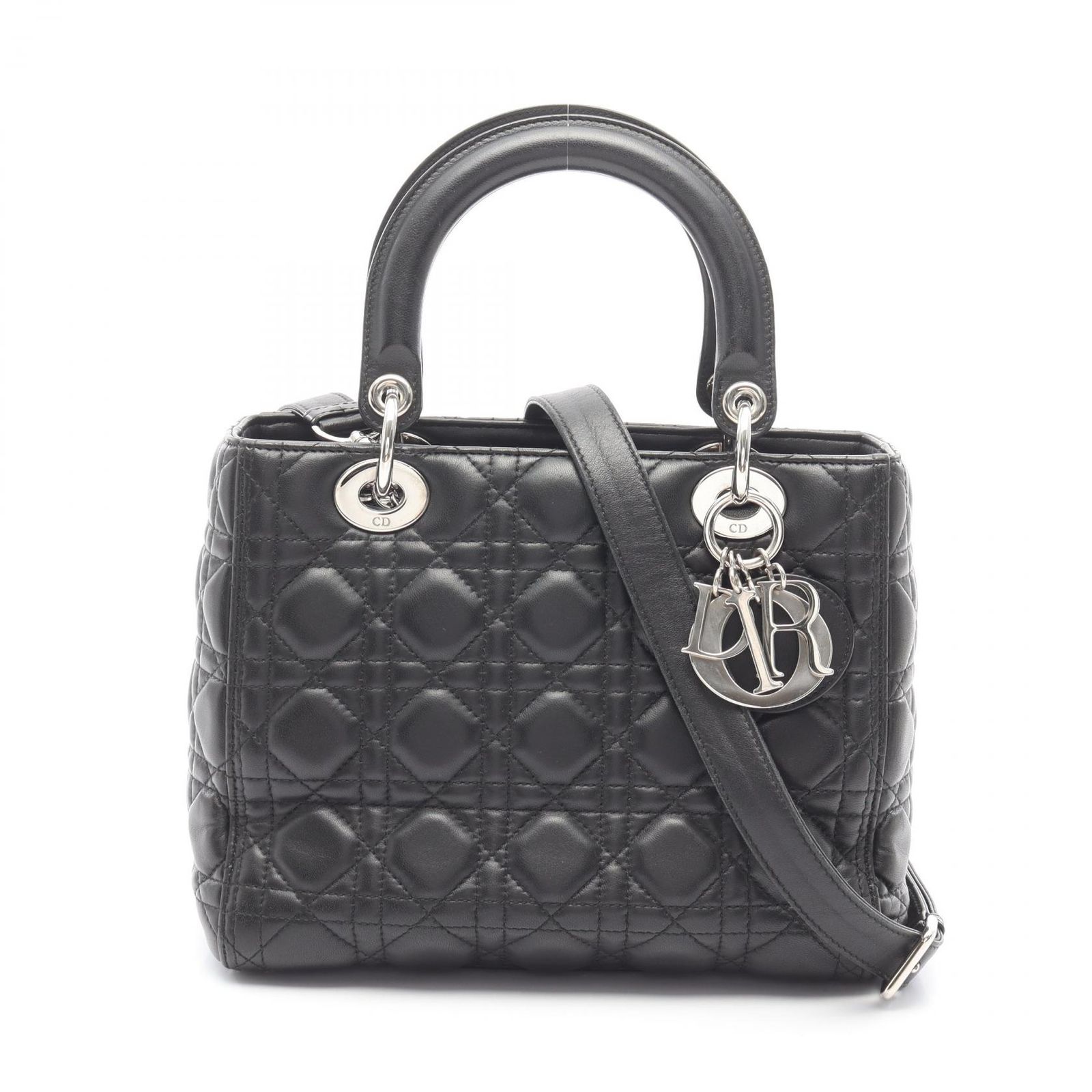 ディオール Dior ハンドバッグ LADY DIOR レディディオール カナージュ ブラック レザー レディディオール カナージュ 2wayトート レディース Used A