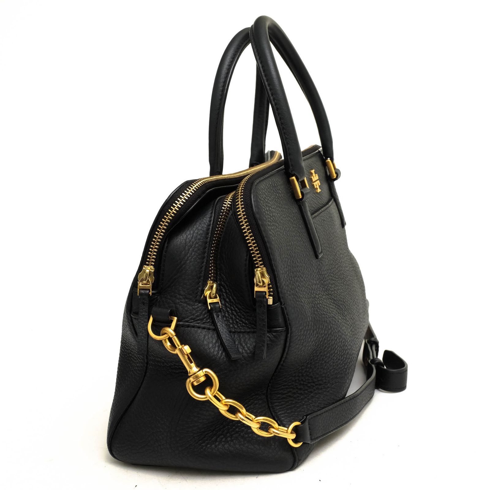 トリーバーチ ハンドバッグ シボ革 パンチングロゴ ブラック 美品