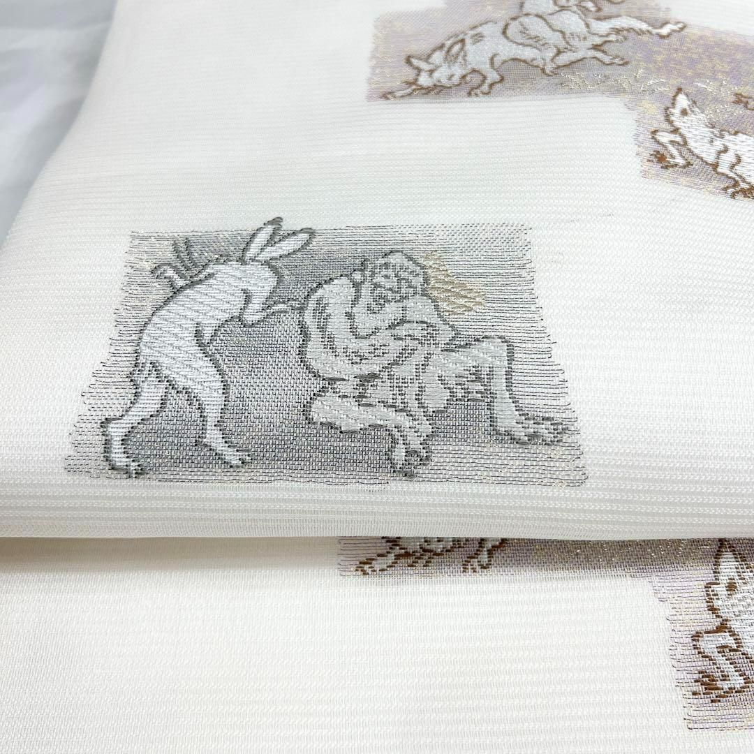 付け帯　二部式　鳥獣戯画　洒落帯　紬地　着物　ホワイト　024w 付け帯 二部式 鳥獣戯画 洒落帯 紬地 着物 ホワイト 024w 新品未