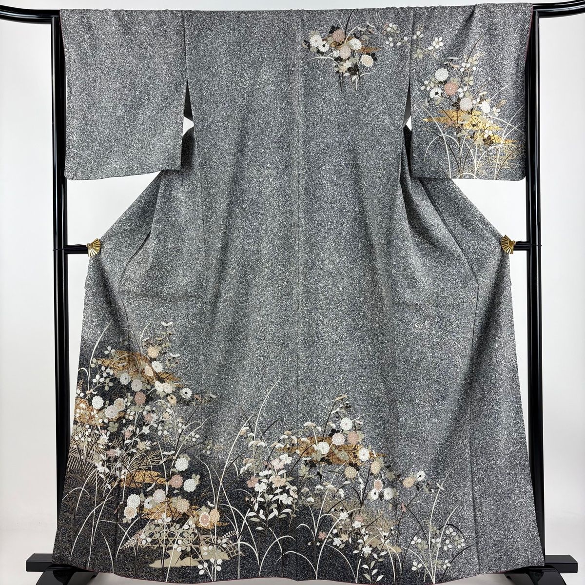 訪問着 身丈161.5cm 裄丈65.5cm M 袷 秋草 柴垣 金彩 ぼかし 黒灰 正絹 秀品