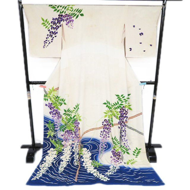 引き摺り 引摺り 引きずり 着物 正絹 縮緬地 流水に藤の図 象牙色 多色 身丈208cm 裄66cm きもの北條 A1288-8