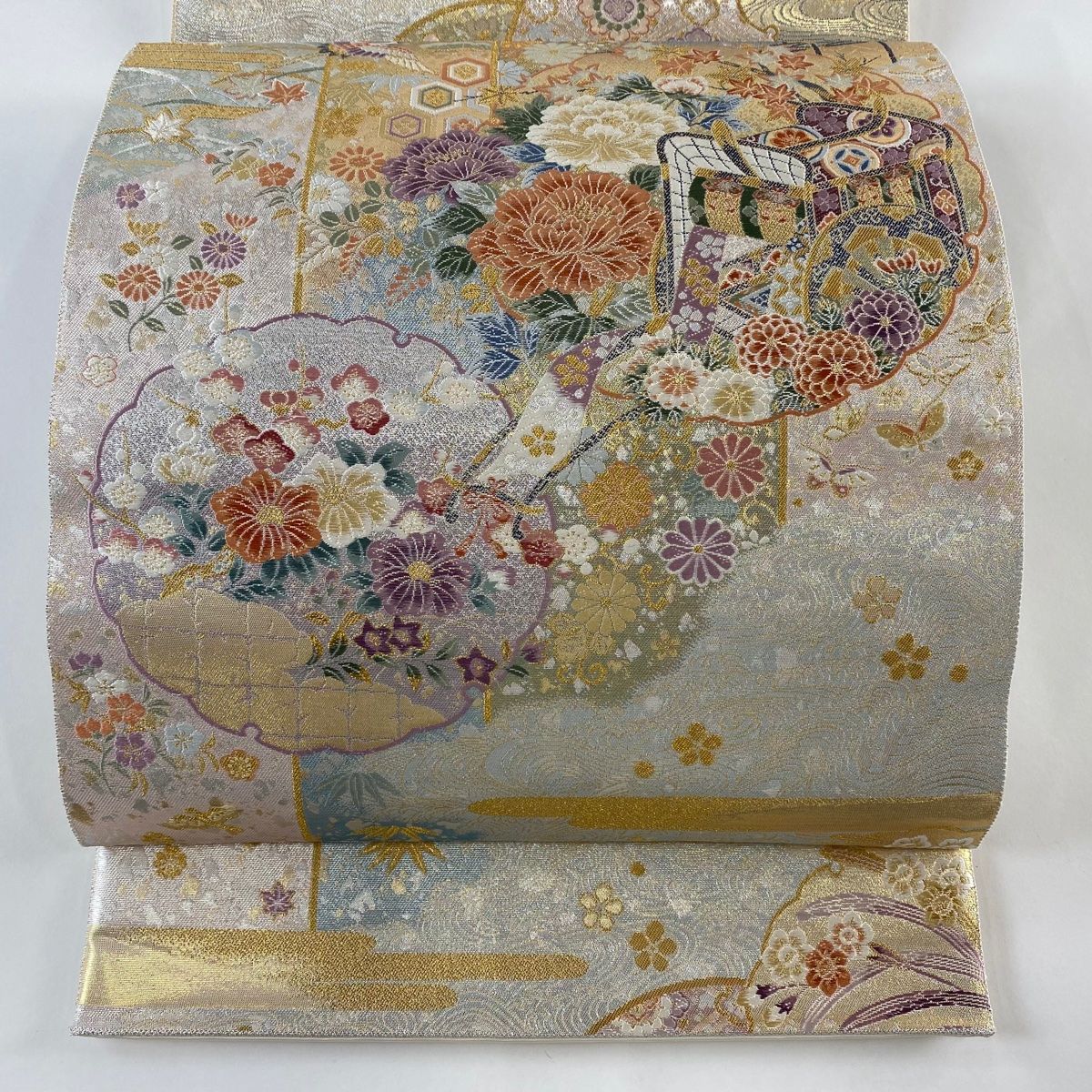 袋帯 美品 秀品 華文 草花 金銀糸 箔 灰色 六通 正絹 中古